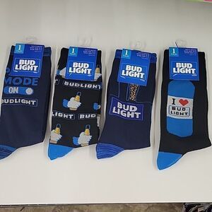 NEW 4 PAIR BUD LIGHT BUDWEISER BEER BLUE NOVELTY MEN'S SOCKS 7 8 9 10 11 12 NWT